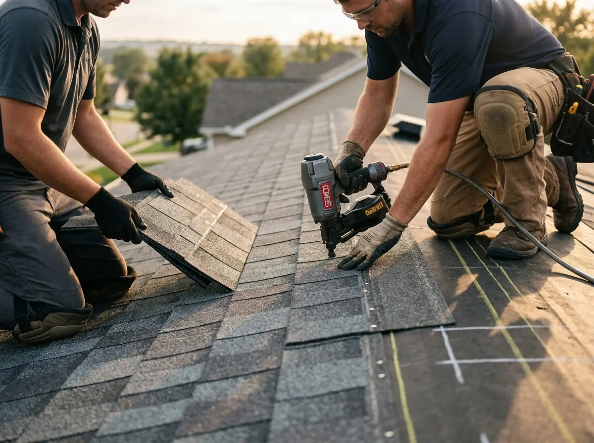 Professional roofer working on a residential roof in Antioch